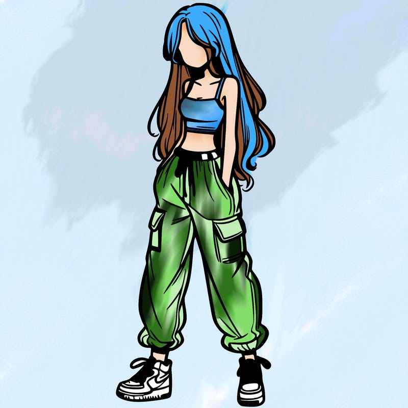 girl in baggy pants crop top and long hair