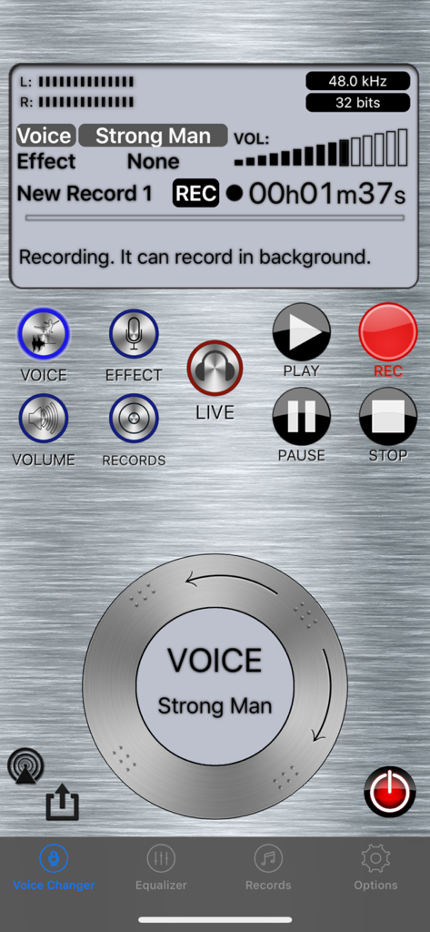 Live Voice Changer - Prankcall - Live Voice Changer app recording interface with Strong Man effect selected