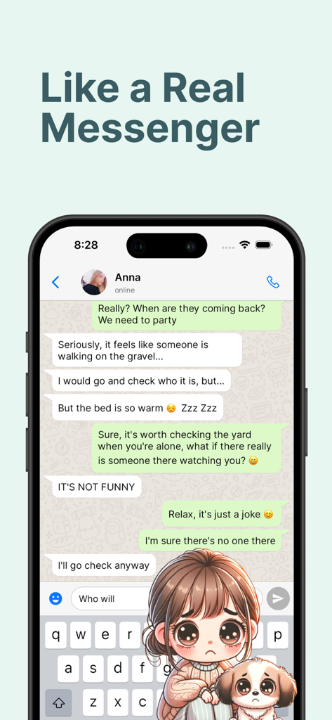 Ein Smartphone-Bildschirm, der eine realistische Chat-Oberfläche mit einem Thriller-Story-Gespräch und einer Anime-Mädchen-Illustration zeigt.