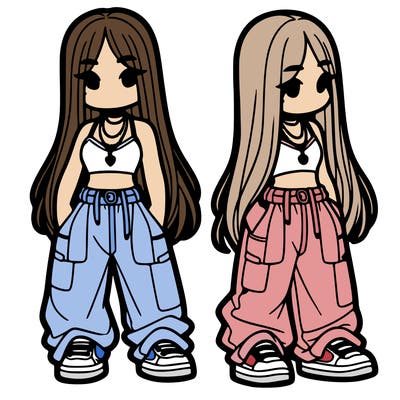 girl in baggy pants crop top and long hair