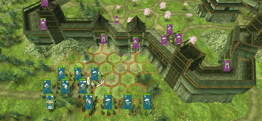 Shogun's Empire: Hex Commander - Tactical battle with samurai units on a hex grid outside a Japanese fortress