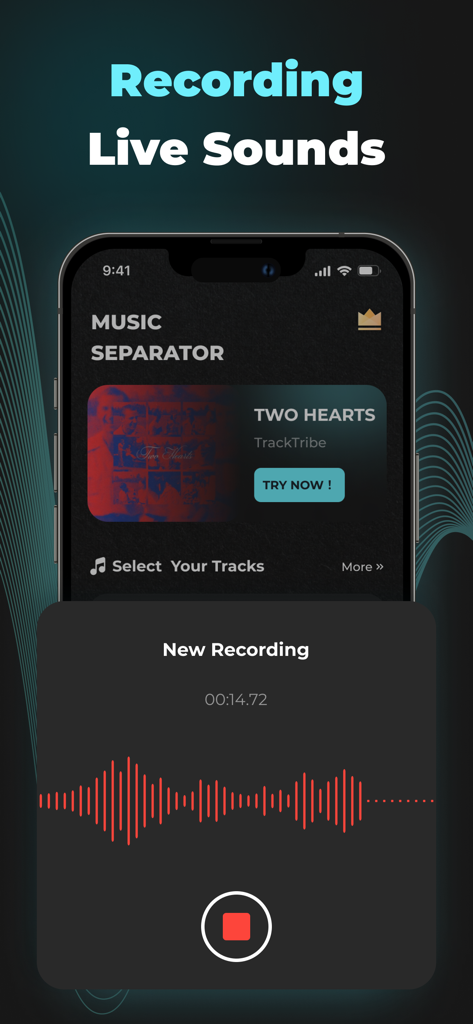 Mobile app interface showing a live audio recording session with a red waveform and a stop button