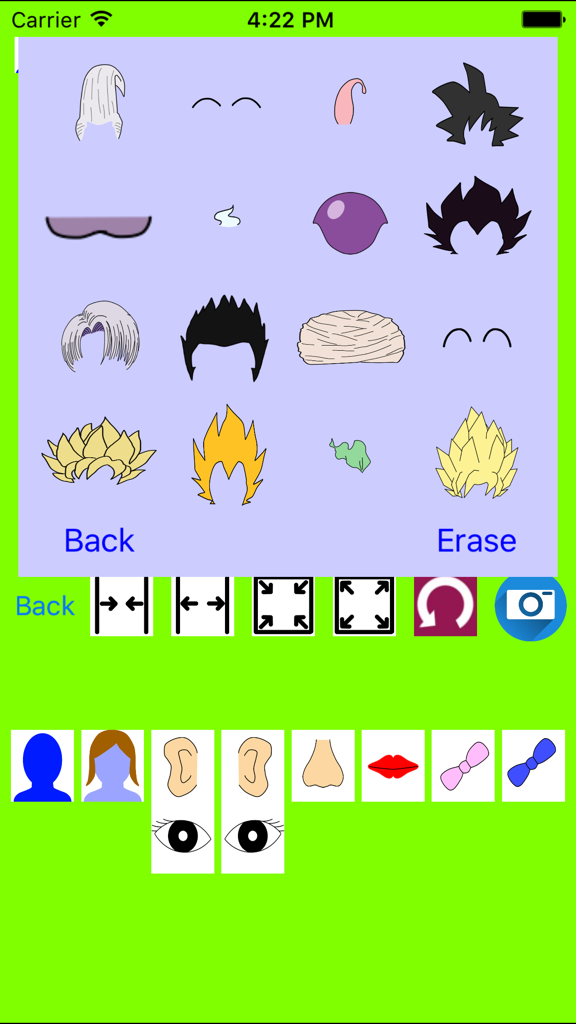 CharacterMaker for Dragon Ball - A screen showing various Dragon Ball style hair and facial features in a character creator app
