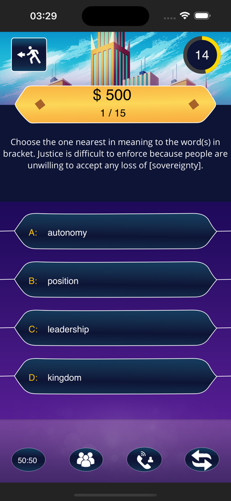 TestDriller UTME - TestDriller UTME 앱의 게임화된 퀴즈 인터페이스, 수명선이 있는 객관식 어휘 문제 포함