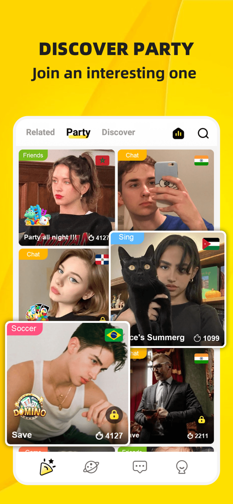 Ahlan TopOne-Group Voice Chat - Pantalla de descubrimiento de la aplicación Ahlan TopOne que muestra varias salas de fiesta de chat de voz grupal temáticas con usuarios internacionales