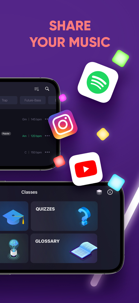 DJ it! Virtual Music Mixer app - Interfaz de la aplicación DJ it mostrando opciones para compartir en redes sociales y herramientas de educación musical
