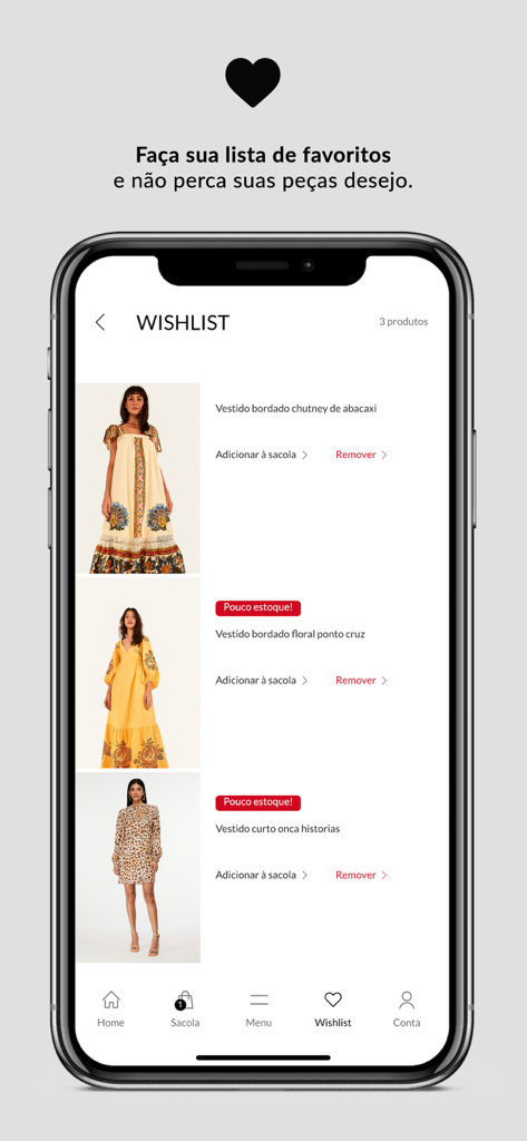 OFF Premium - The wishlist screen of the OFF Premium app featuring tropical fashion dresses and low stock notifications