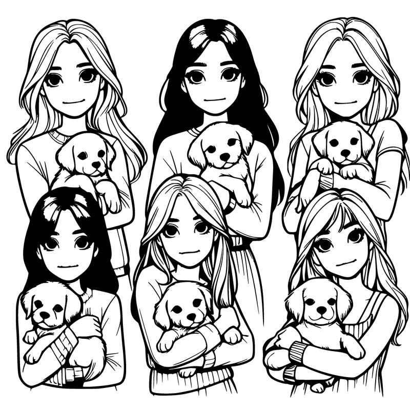 five realistic girls, each holding a puppy