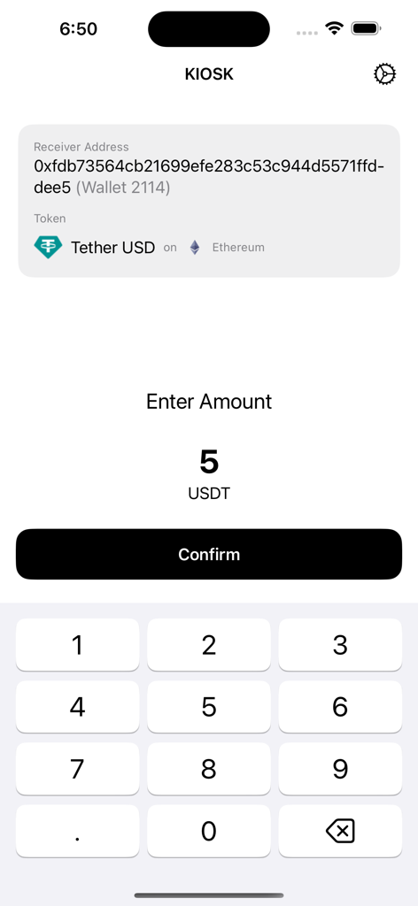 Cryptnox: Your Web3 Wallet - Pantalla de pago en modo kiosco de la aplicación Cryptnox que muestra la entrada de la cantidad USDT