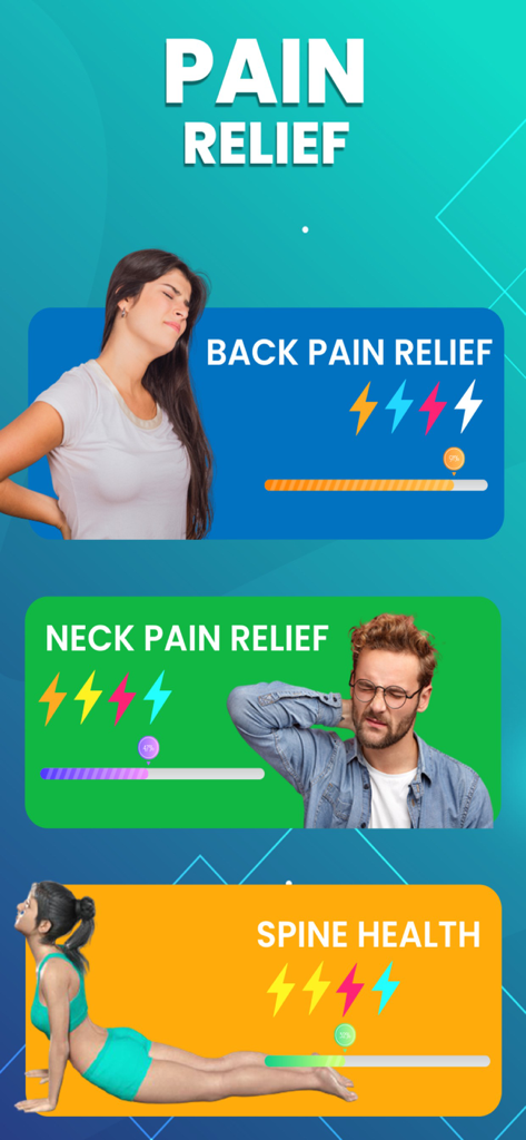 背中の痛み、首の痛み、脊椎の健康緩和のカテゴリとプログレスバーを示すインターフェース