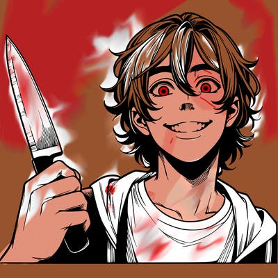teenage realistic guy with long ish hair holding a knife and has a big grin