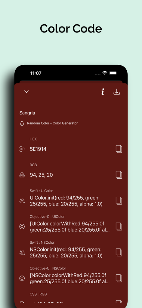 SwiftおよびObjective-CのHEX、RGB、開発者コードスニペットを示すランダムカラーアプリのスクリーンショット。