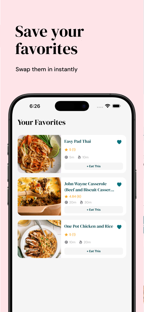 Six Sisters: Meal Planner - Six Sisters app interface showing a list of saved favorite family recipes