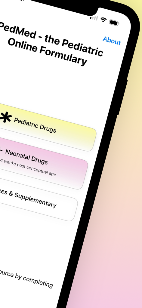 PedMed - PedMed app home screen showing categories for pediatric and neonatal drug dosages
