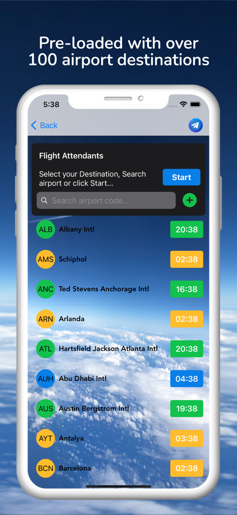 Inflight CrewRest - Inflight CrewRest app screen showing a list of pre-loaded airport destinations and local times