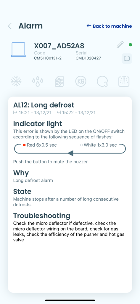 IceWorld - IceWorld app alarm screen showing troubleshooting steps for a long defrost error.