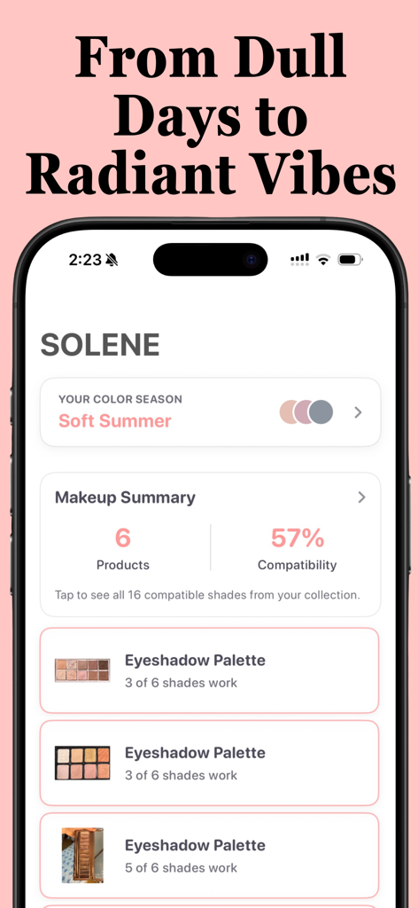 Solene app interface showing soft summer color season analysis and eyeshadow palette compatibility scores