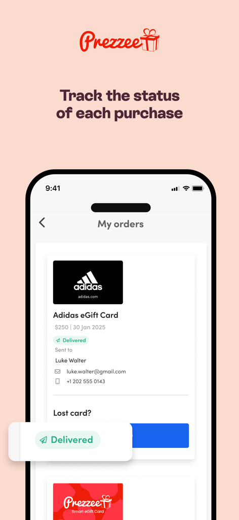 Prezzee eGift cards - 配達済みのAdidas eギフトカードの注文ステータスを表示するiPhoneのPrezzeeアプリ画面