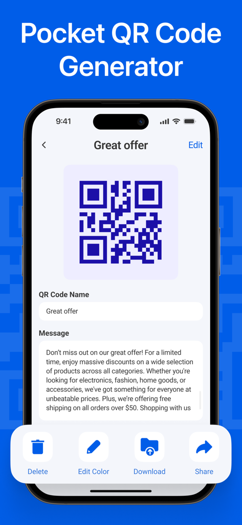 Your QR Code & Barcode Scanner - Una interfaz móvil para generar un código QR de bolsillo con opciones para editar color, descargar y compartir