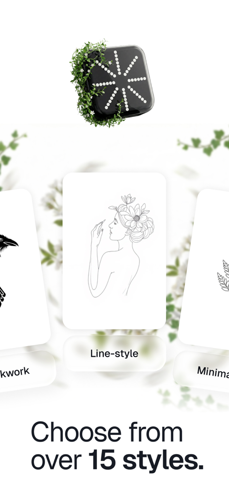 Minink - AI Tattoo Artist - Minink app interface showing various tattoo design styles including Line-style and Blackwork