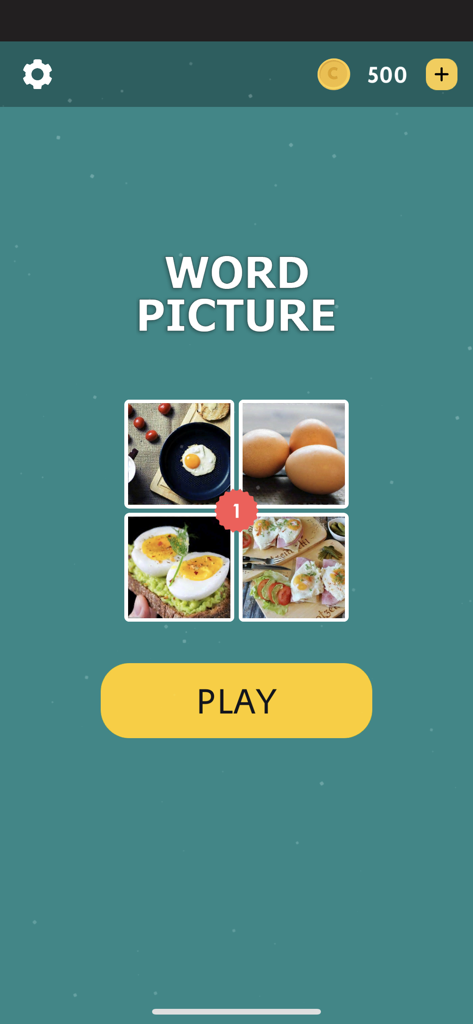 Start screen of the Word Picture game with a four pictures one word puzzle showing eggs and a yellow play button