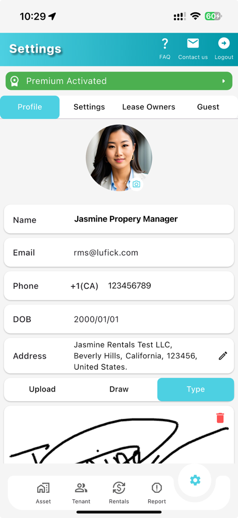 Tela de configurações de perfil do aplicativo Sistema de Gestão de Aluguel mostrando detalhes do gerente de propriedade e uma assinatura digital.