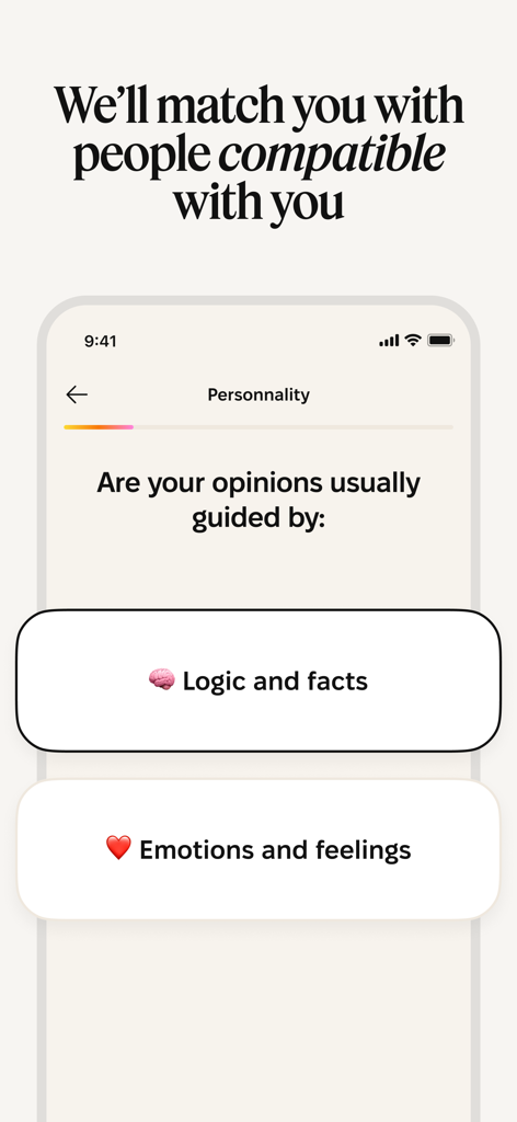 Screenshot of the Timeleft app personality quiz showing options for logic and facts versus emotions and feelings to match compatible people.