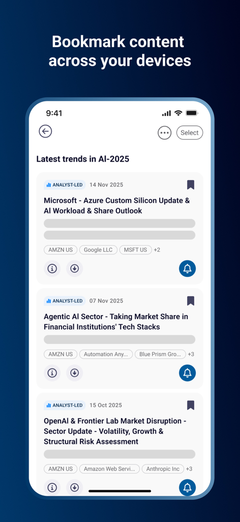 Third Bridge - Third Bridge app interface showing latest AI market trends and bookmarking functionality