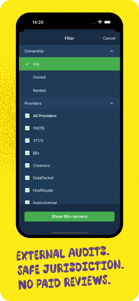 Mullvad VPN App-Screenshot mit Server-Filteroptionen nach Eigentümer- und Hosting-Anbietern
