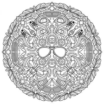 Embark on a unique coloring journey with this intricate driving glasses mandala. This detailed design combines the precision of mandalas with the thrill of the open road, perfect for a relaxing and engaging artistic escape.