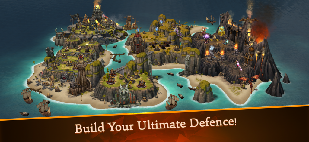 Vista aérea de una base de isla estratégica con torres defensivas y un volcán en el juego War Dragons.