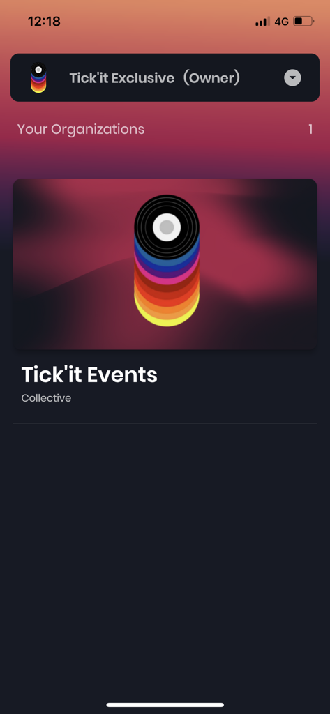 Tick'It Manager - Tick'it Manager app screen showing the organizations management section.