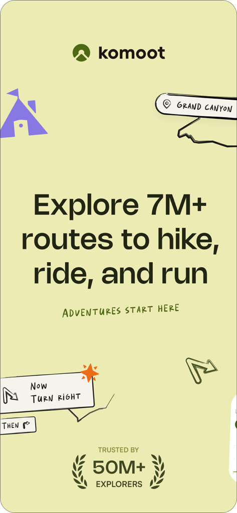Pantalla promocional de la aplicación Komoot que presenta más de 7 millones de rutas para senderismo, ciclismo y running, confiada por 50 millones de exploradores