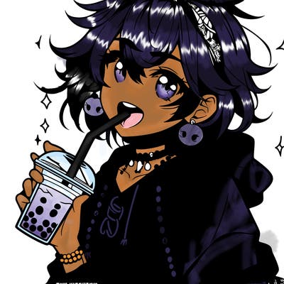 hot baddie anime girl drinking boba and biting the straw