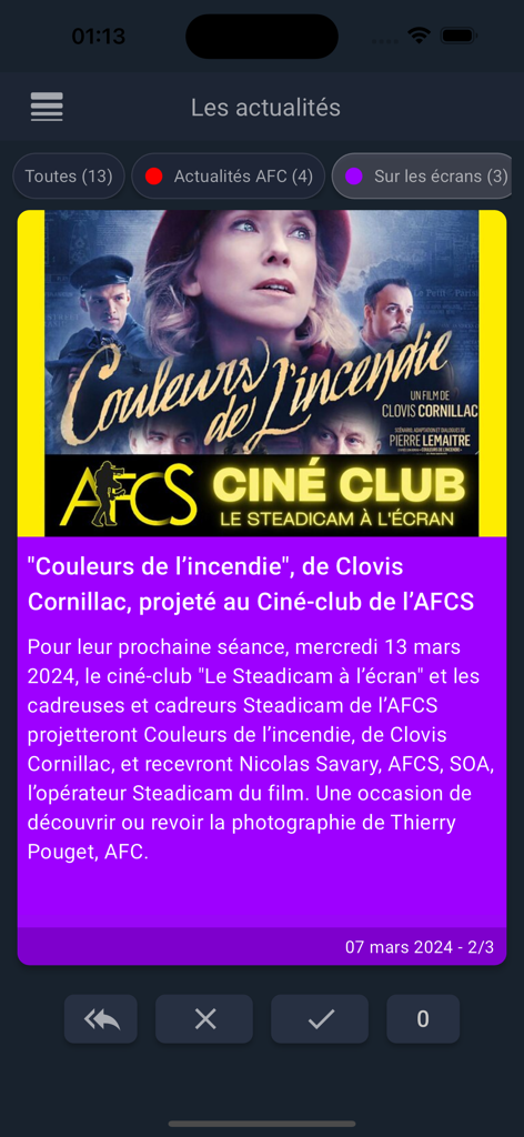 Mobile app interface for AFCNews displaying a cinematography news article about a film screening event