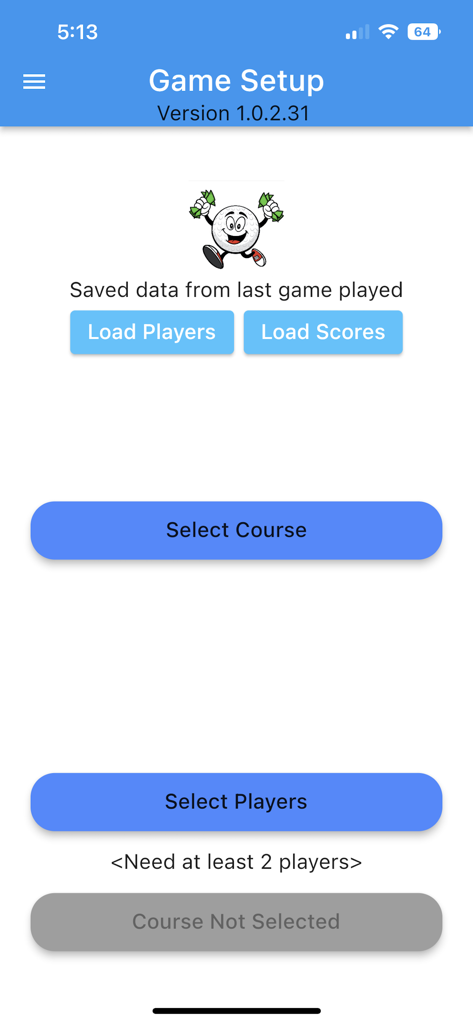 Golf Bank App - Golf Bank app game setup screen with options to select course and players