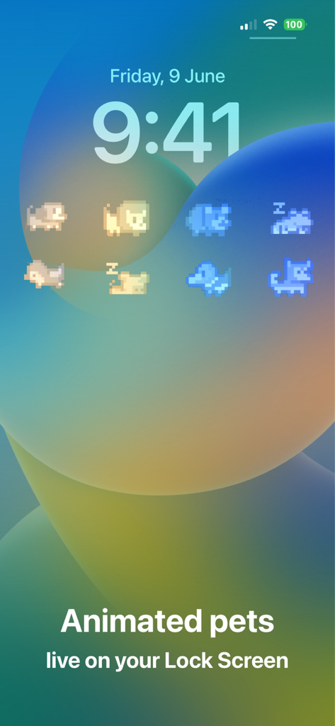 Pixel Pets - Cute, Widget, App - iPhone lock screen showing several animated pixel art pet widgets