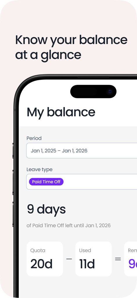 Vacation Tracker: PTO & Leave - Mobile screen showing leave balance and quota overview in the Vacation Tracker app