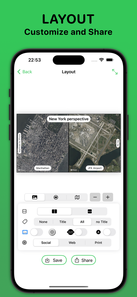 MapScale app screen showing a side-by-side satellite comparison of Manhattan and JFK Airport with layout customization tools.