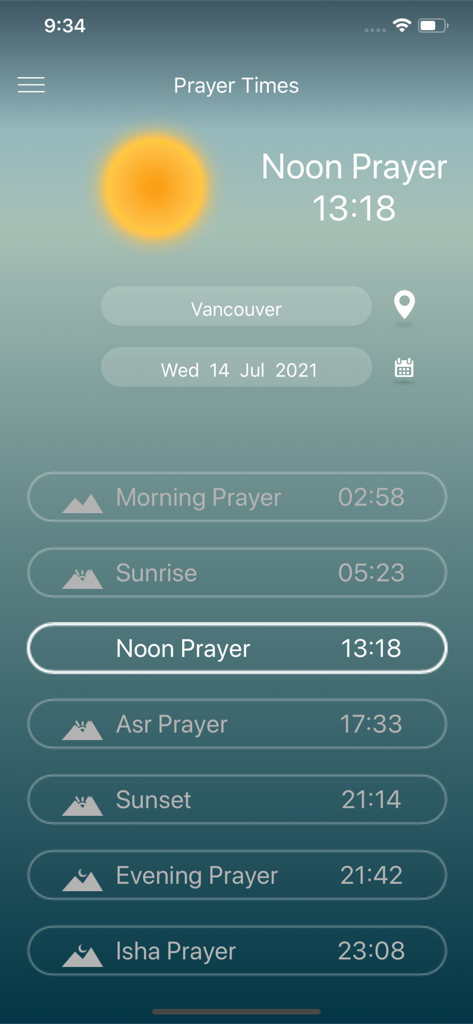 Azangoo app interface showing daily Islamic prayer times for Vancouver including Morning Noon and Isha prayers