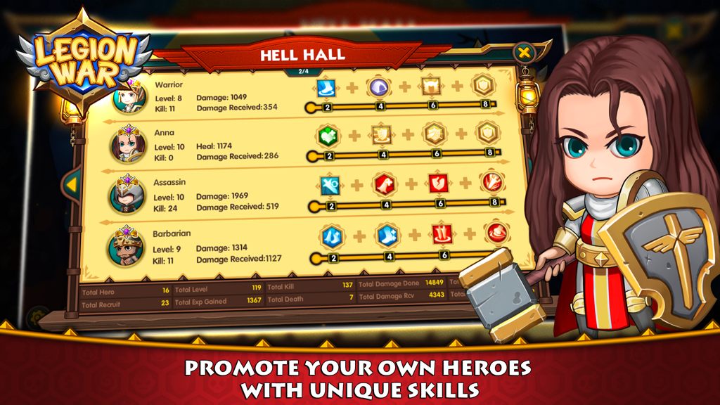 Legion War - Legion War Hell Hall menu screen showing hero levels, damage stats, and unique skill upgrade paths for different units