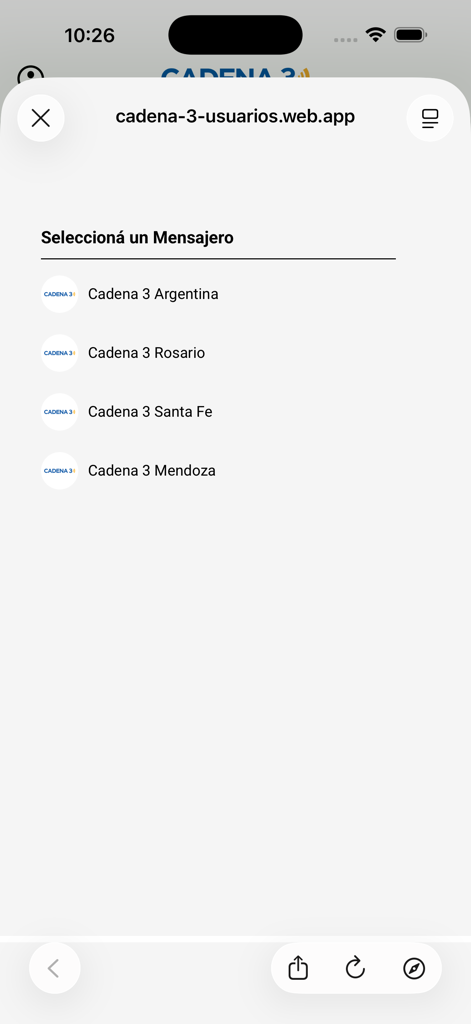 Menu for selecting messenger options for different Cadena 3 radio stations including Argentina Rosario Santa Fe and Mendoza