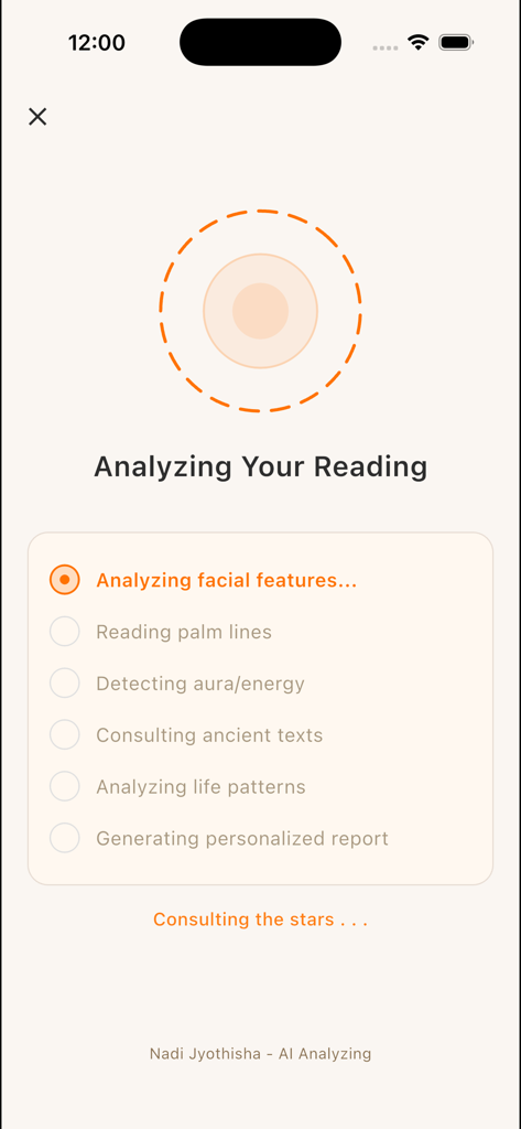 A mobile interface from the Ask Nithyananda AI app showing the progress of a spiritual reading analysis including facial features and palm lines