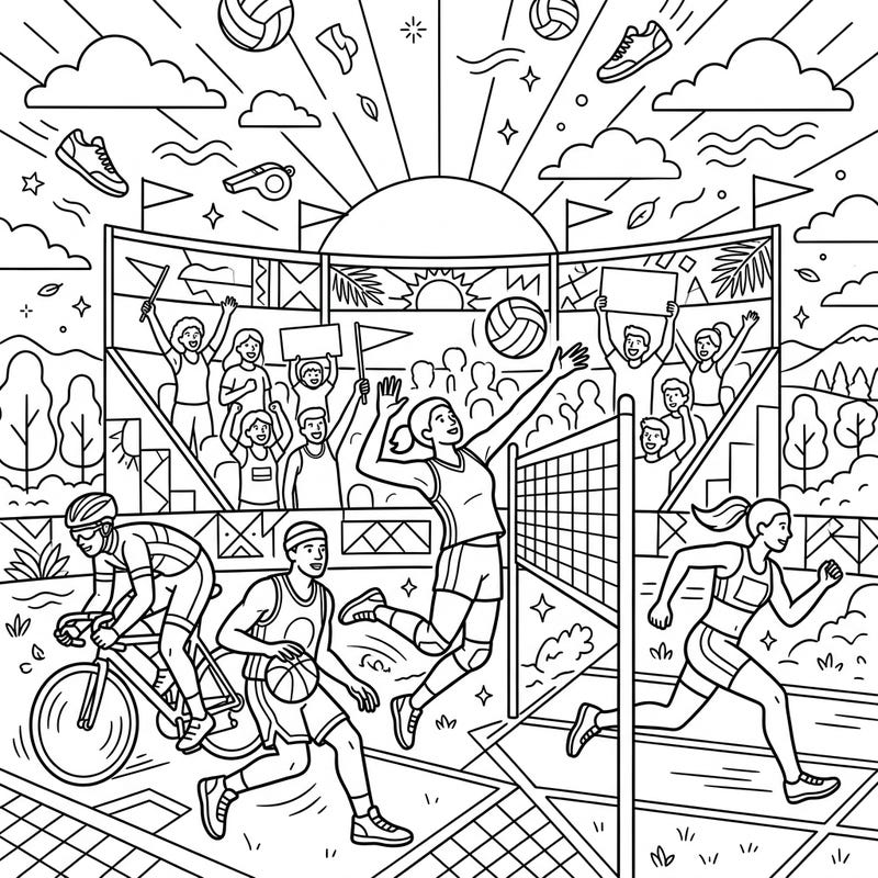 Experience the thrill of various summer sports in one energetic coloring adventure. This dynamic page captures athletes in action, cheering crowds, and bright summer vibes, perfect for all ages.