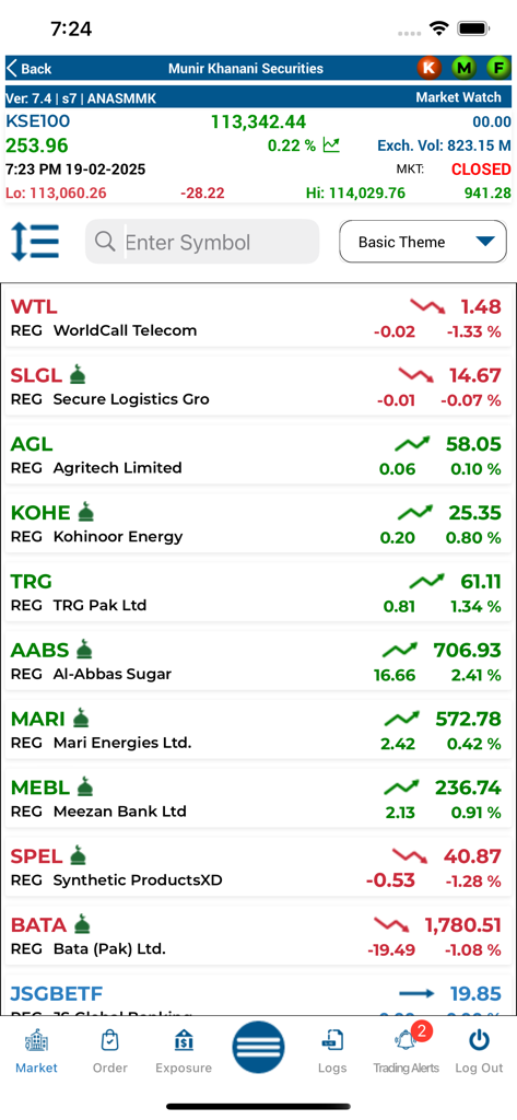 MMK Trade-iFlair - Mobile app interface showing real-time stock market data and KSE100 index on the MMK Trade-iFlair platform