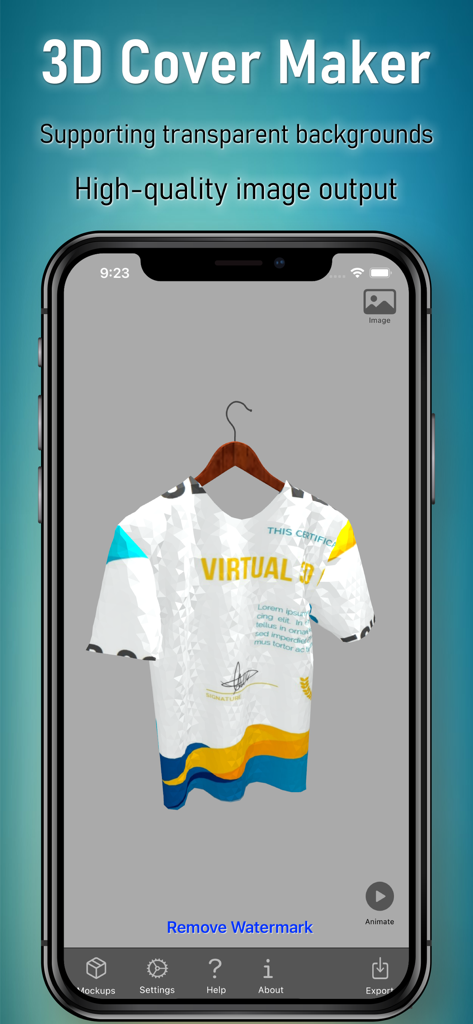 Pantalla de smartphone que muestra la aplicación 3D Cover Maker con un mockup de diseño de camiseta realista.