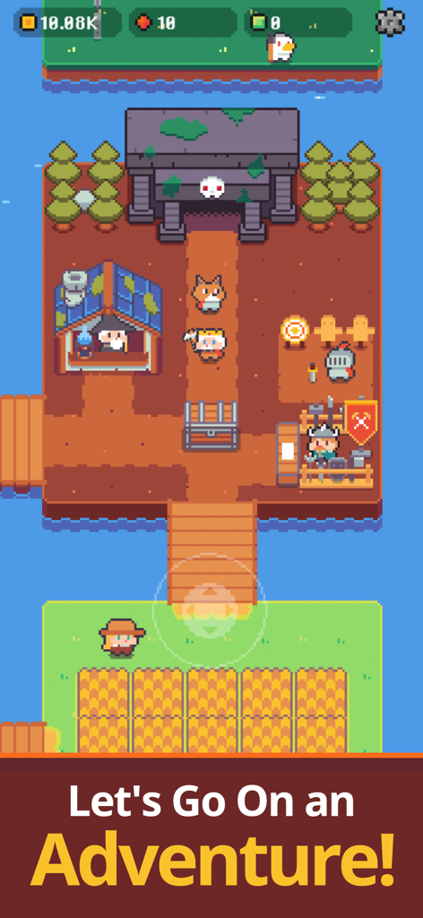 Pickaxe King Island - Pixel art gameplay of Pickaxe King Island showing characters on an adventure island with a dungeon and farm