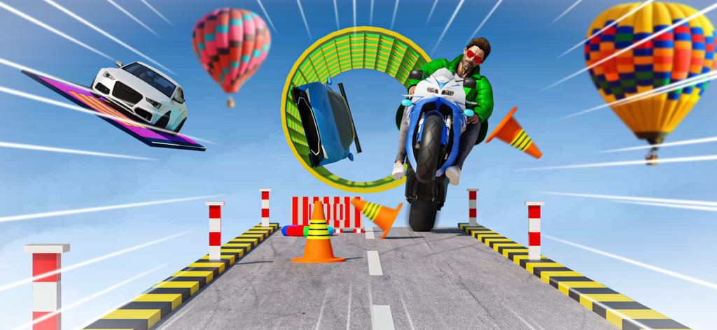 Motorcycles & Car Stunt Games - A stunt driver on a motorcycle and cars performing jumps on a mega ramp with hot air balloons in the background