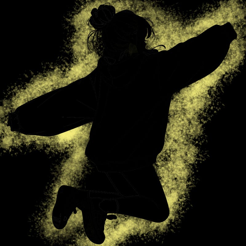 realistic girl jumping with a bun and oversized sweatshirt