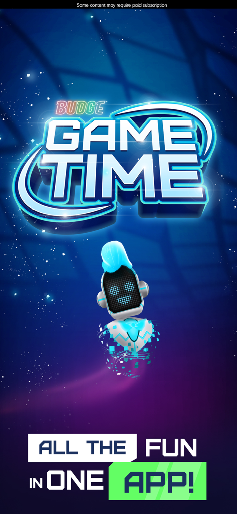 Budge GameTime - Pantalla de inicio de la aplicación Budge GameTime con una mascota robot y el texto "Toda la diversión en una sola aplicación".